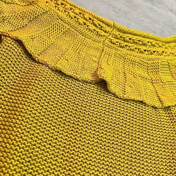 Anthropologie Mustard Yellow Crochet Ruffle Off Shoulder Sweater - Size Small - Picture 13 of 13